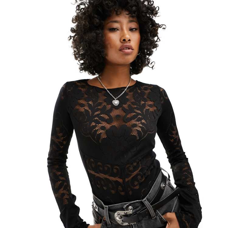 Free People lace detail long sleeve top in black