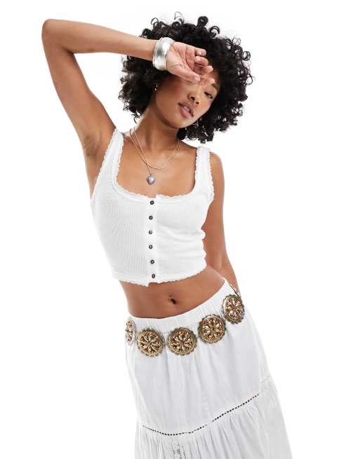 Free People lace edge button through camisole in ivory