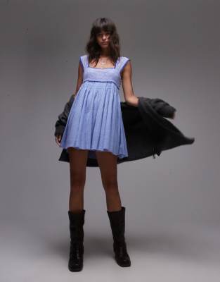 Free People Lace Edge Mini Dress In Baby Blue