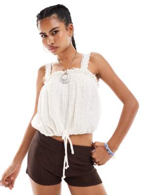 lace edged boho camisole top in ivory-White