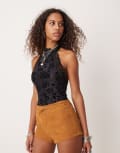 [Free People] Free People lace flocked bodysuit in black L BLACK