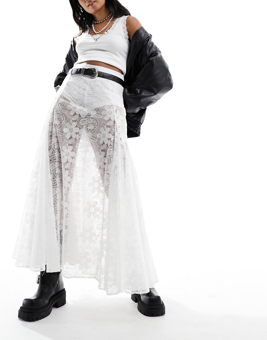 Free People lace full boho maxi skirt in ivory-White
