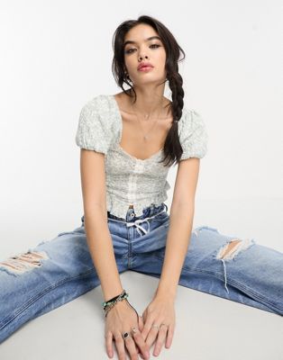 Free People lace hook and eye detail blouse in pale blue - ASOS Price Checker