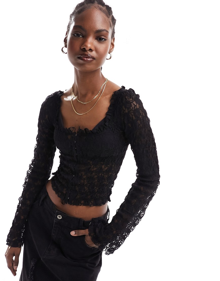 Free People Lace Hook And Eye Long Sleeve Top In Black
