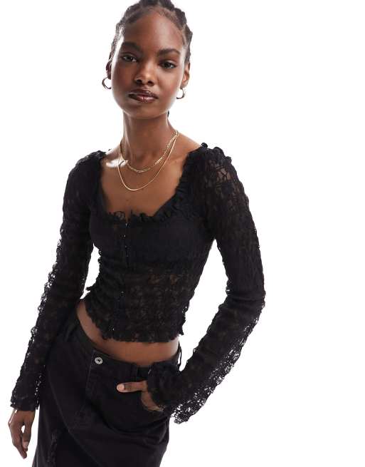 Black Hook Eye Knitted Long Sleeve Top