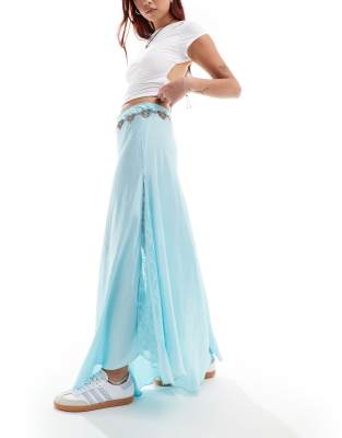 Free People lace insert satin maxi skirt in aqua blue