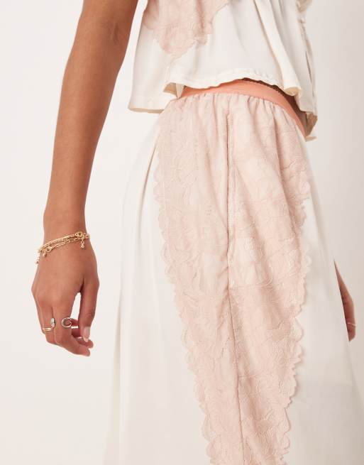 Free People lace insert silky pyjama set in ivory, 3 of 4