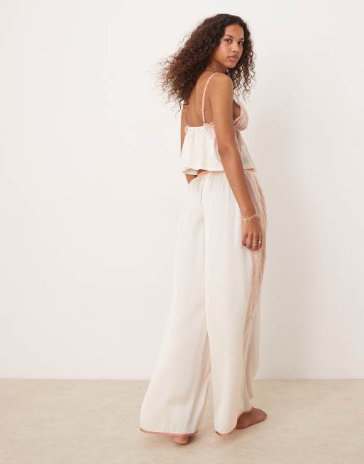 Free People lace insert silky pyjama set in ivory, 4 of 4