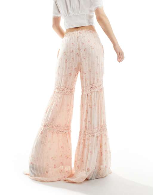 Free People lace insert vintage floral print pants in peach , 3 of 5