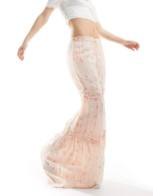 Free People lace insert vintage floral print pants in peach , 4 of 5