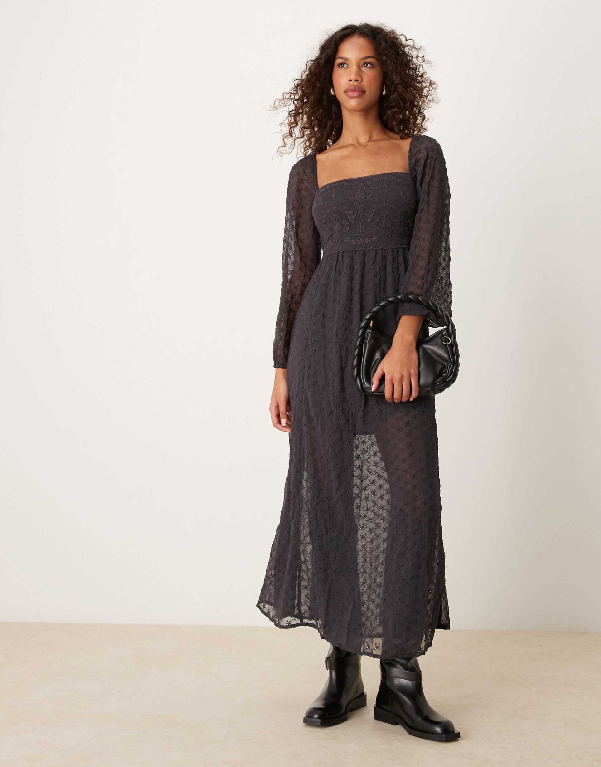 free people lace overlay puff sleeve midaxi dress in dark gray