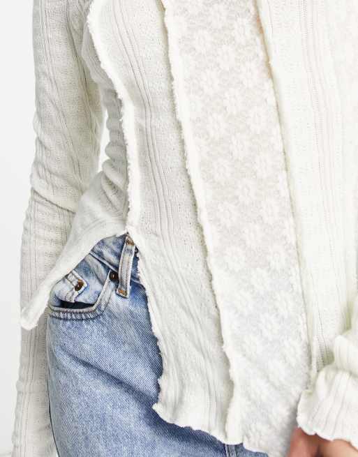 Free People lace panelled long sleeve top in off white, 3 of 4