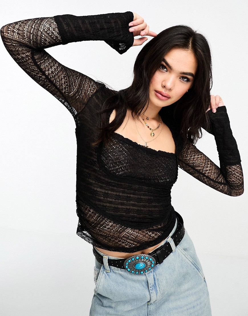 Free People lace square neck top in black