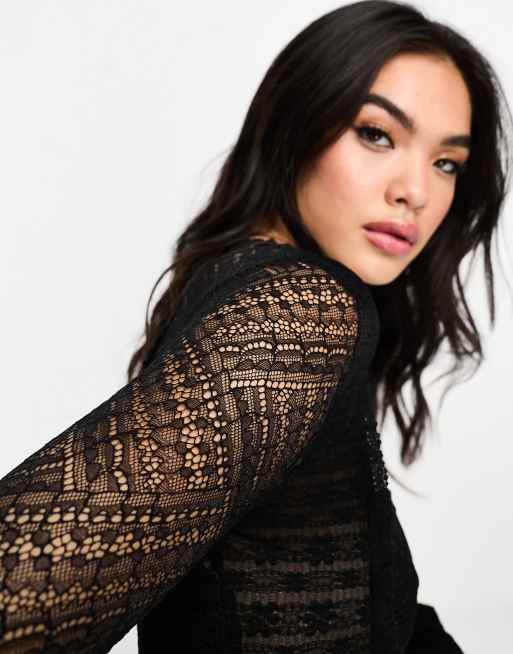 Free People Have It All Lace Square Neck Long Sleeve Shirt