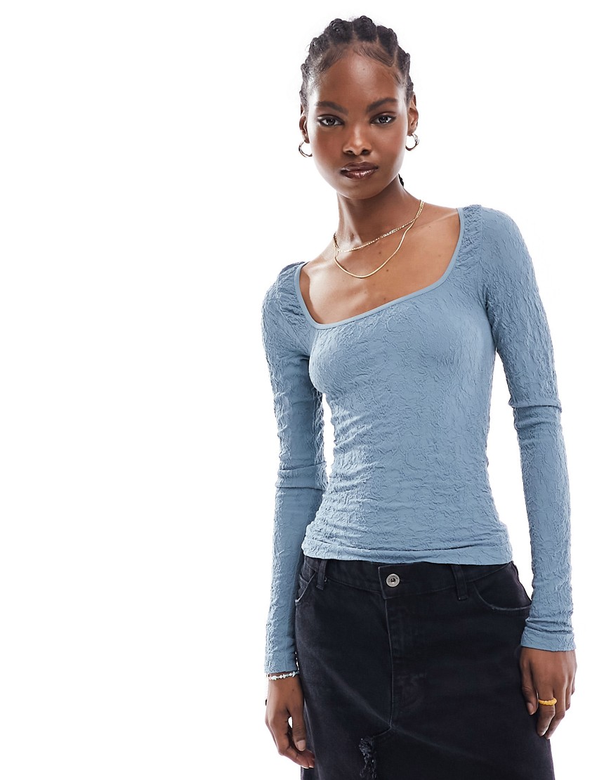 Free People Lace Texture Long Sleeve Top In Slate Blue-gray