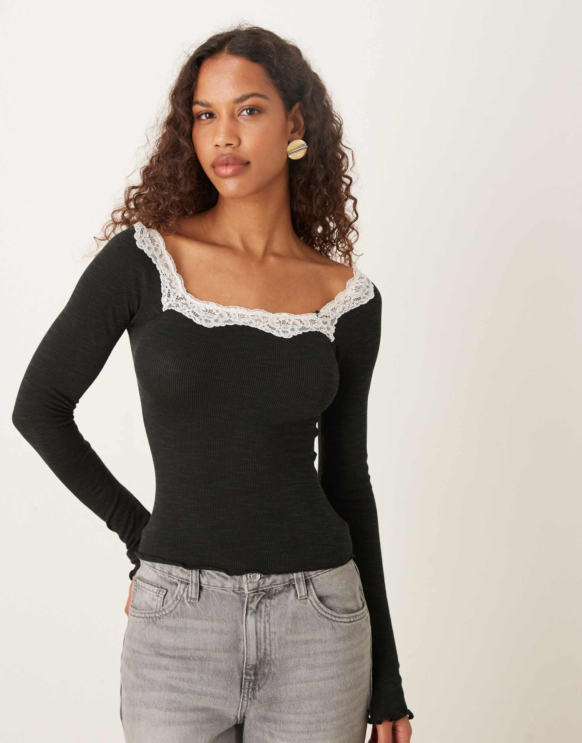 free people lace trim long sleeve top in black