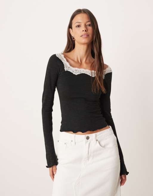 Free People lace trim long sleeve top in black