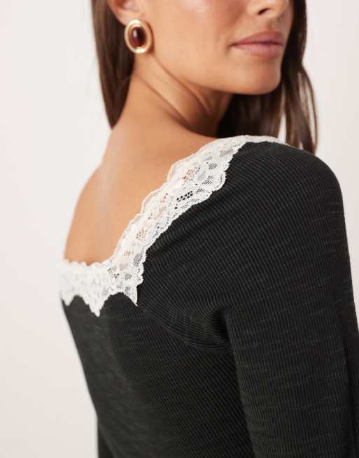 Free People lace trim long sleeve top in black, 3 of 4