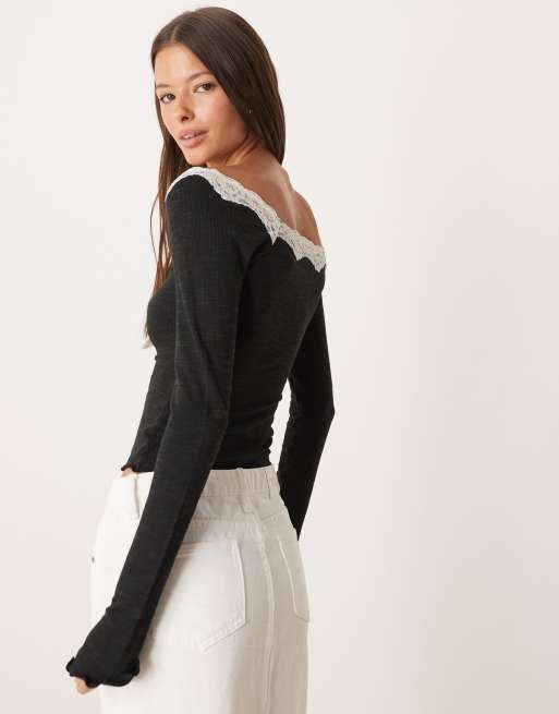 Free People lace trim long sleeve top in black, 4 of 4