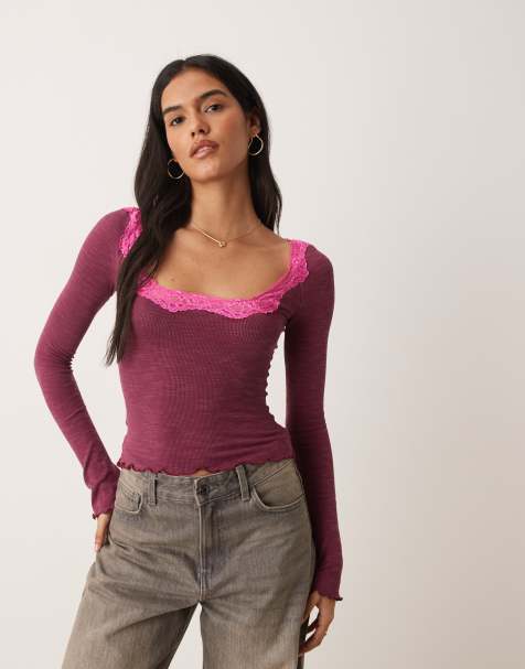 Free People lace trim long sleeve top in deep red - view 1