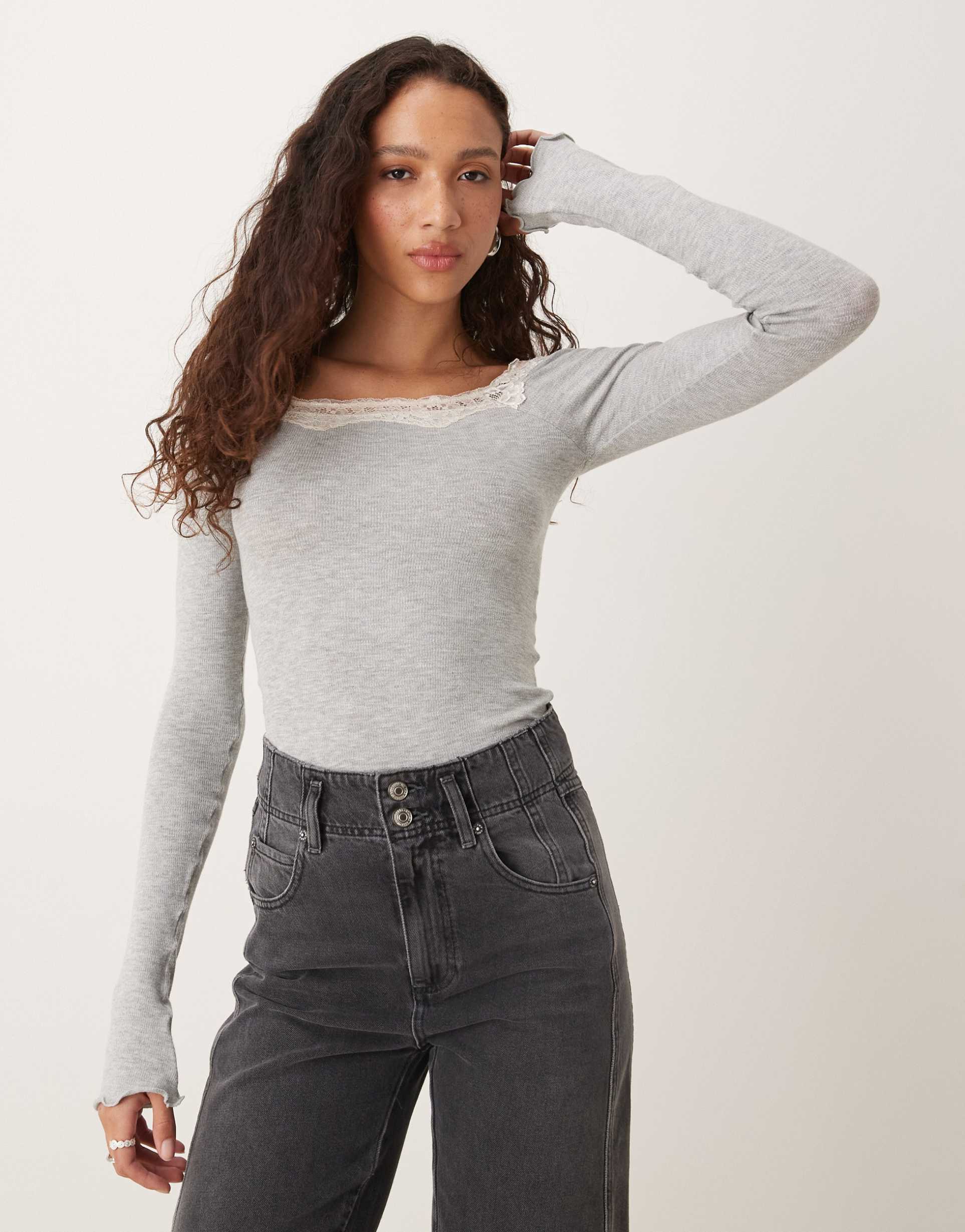 free people lace trim long sleeve top in gray