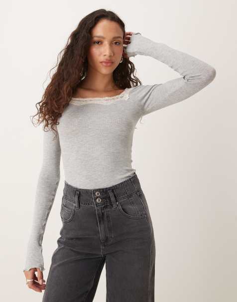 Free People lace trim long sleeve top in grey