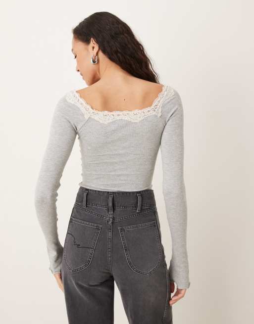 Free People lace trim long sleeve top in gray, 2 of 4