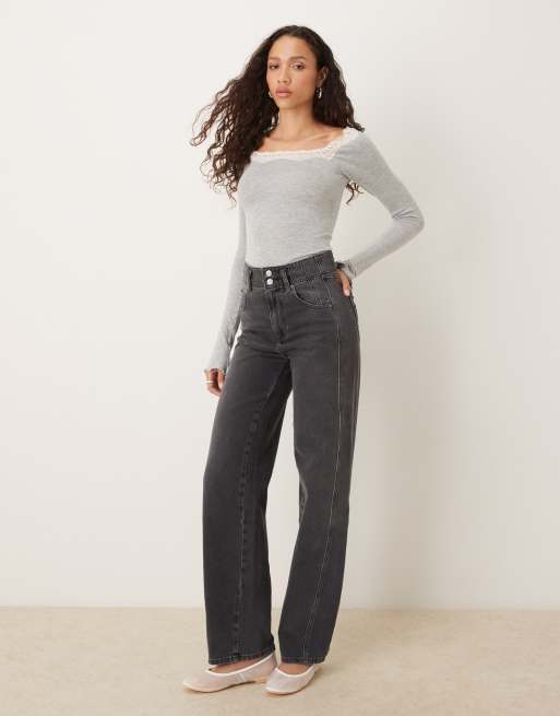 Free People lace trim long sleeve top in gray, 4 of 4