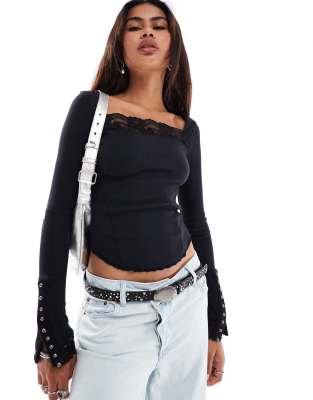 Free People Free People lace trim square neck long sleeve top in black