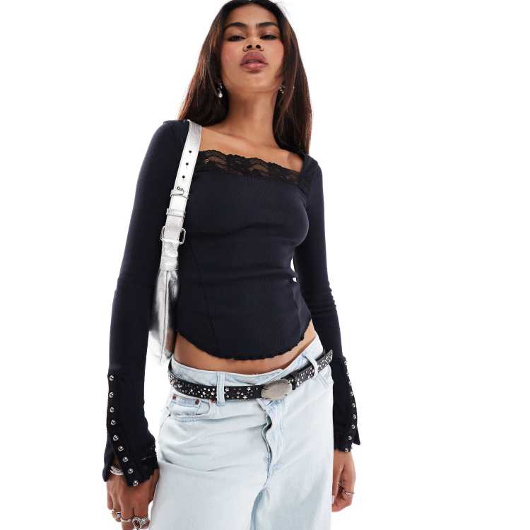 ★FANCY CLUB★ NF pointy lace layered tee BLACKF24QB283 F24Q TEE - [FANCY CLUB]