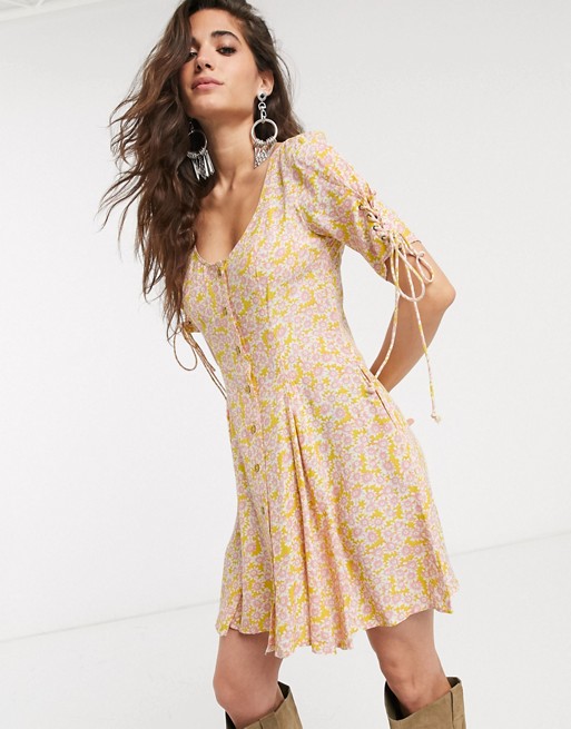 Free People laced up floral buttondown mini dress