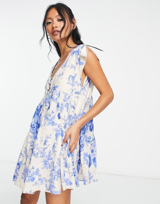 Free People - Lagdelt smock-minikjole med blåt blomsterprint, 2 af 4