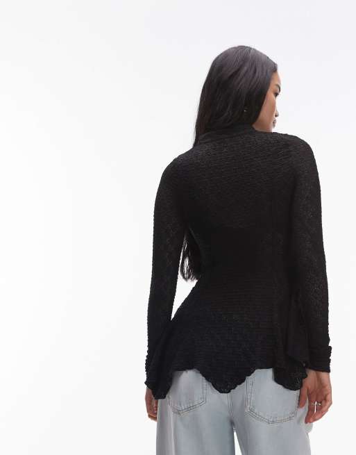 Free People – Langärmlige Strickjacke in Schwarz im Blusenstil mit Spitze, 3 von 4