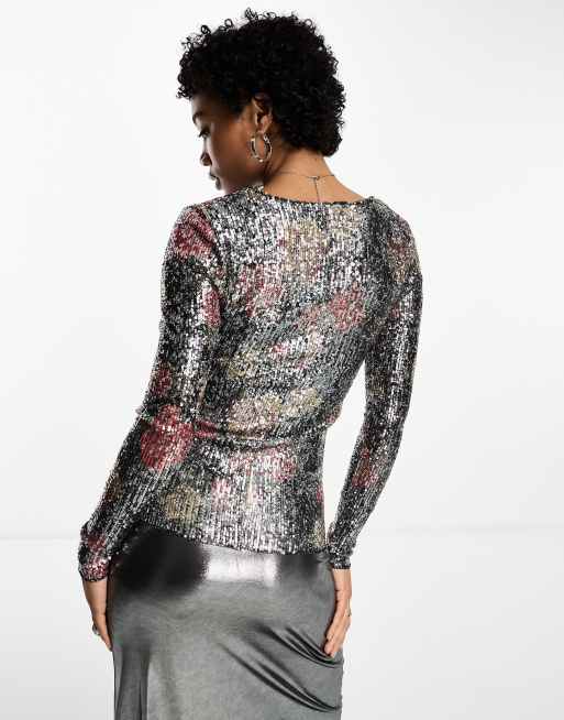 Free People – Langärmliges Pailletten-Oberteil in Silber mit Blumenmuster, 2 von 4