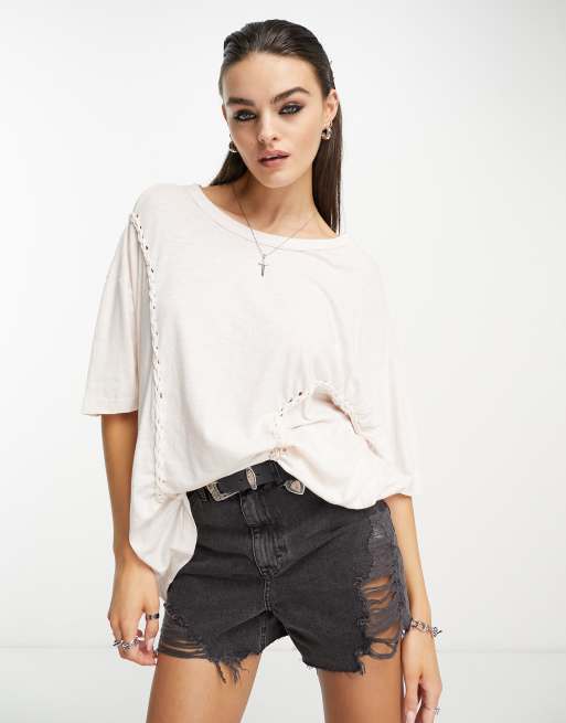 Free People lattice detail oversized tshirt in almond milk | ASOS