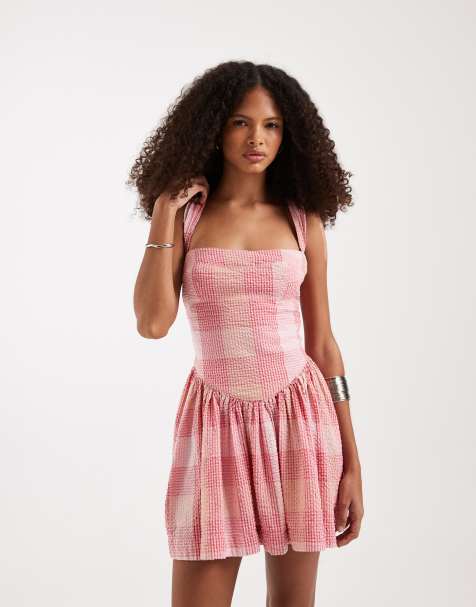 Free People - Laurel Plaid - Vestito corto con vita scesa a righe rosa combo - view 1