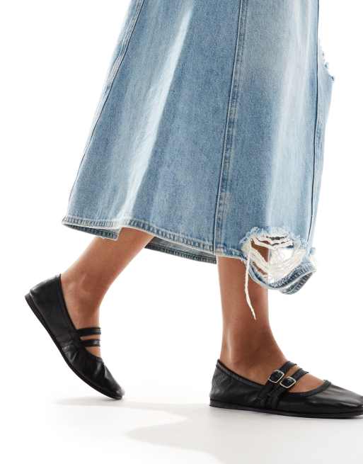 Free People leather strap detail ballet pumps in black, 4 of 4