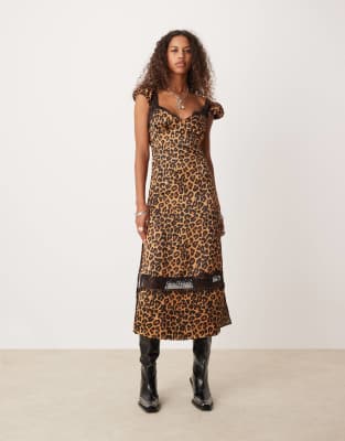 free people leopard print lace edge midi dress in multi