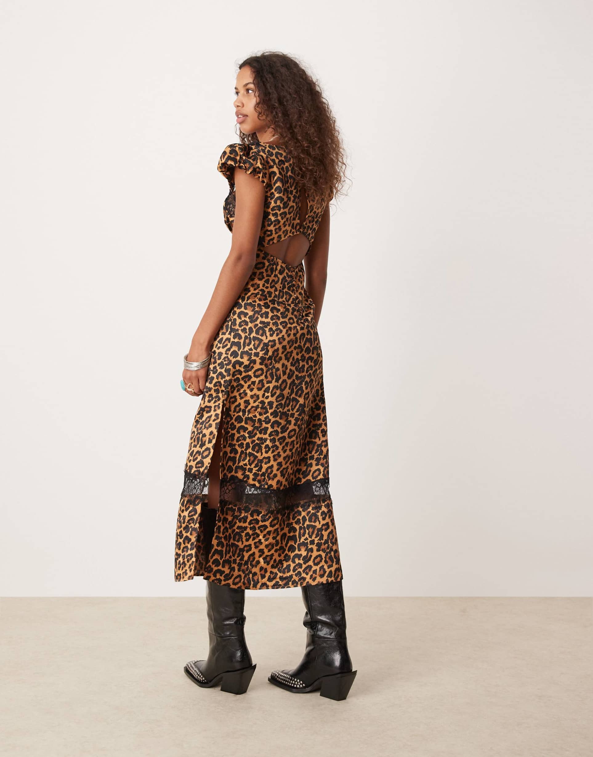 free people leopard print lace edge midi dress in multi