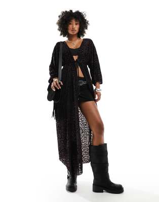 Free People leopard velvet burnout kimono in black