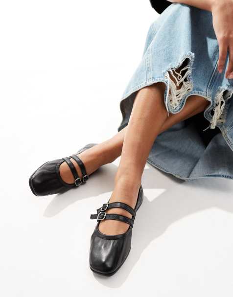 Free People - Leren ballerina's met bandjes in zwart - view 1
