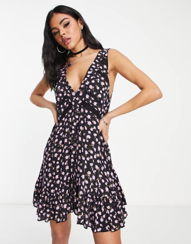 Free People let it happen textured floral print mini dress in black