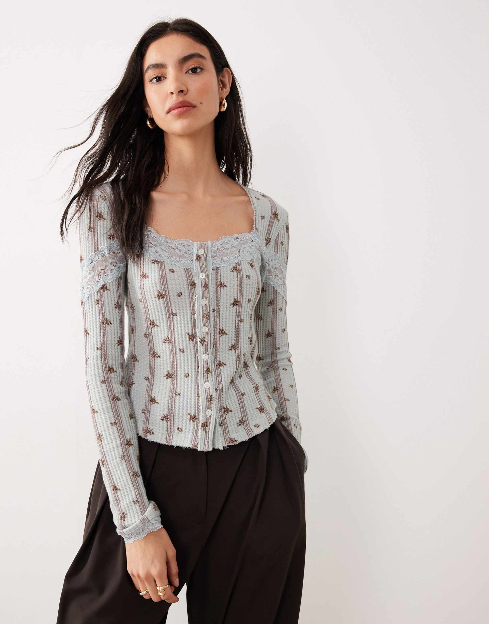 free people let's party button down floral top in pearl blue