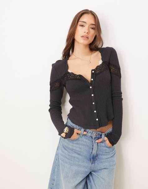 Free People lets party lace insert cardigan in black - view 1