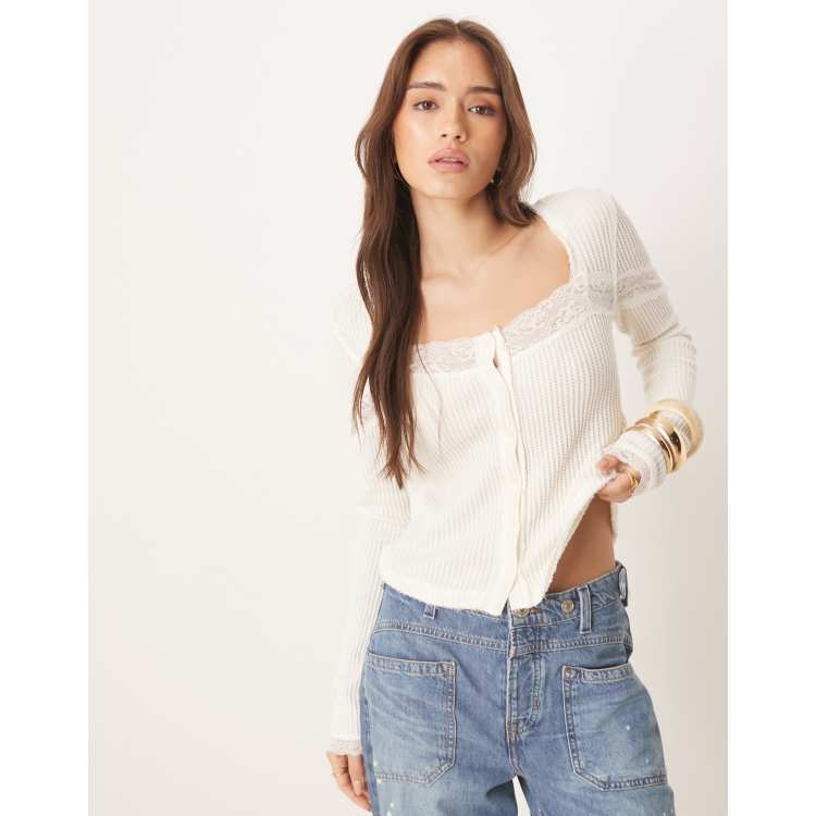 Free People Let's Party lace insert cardigan in ivory | ASOS