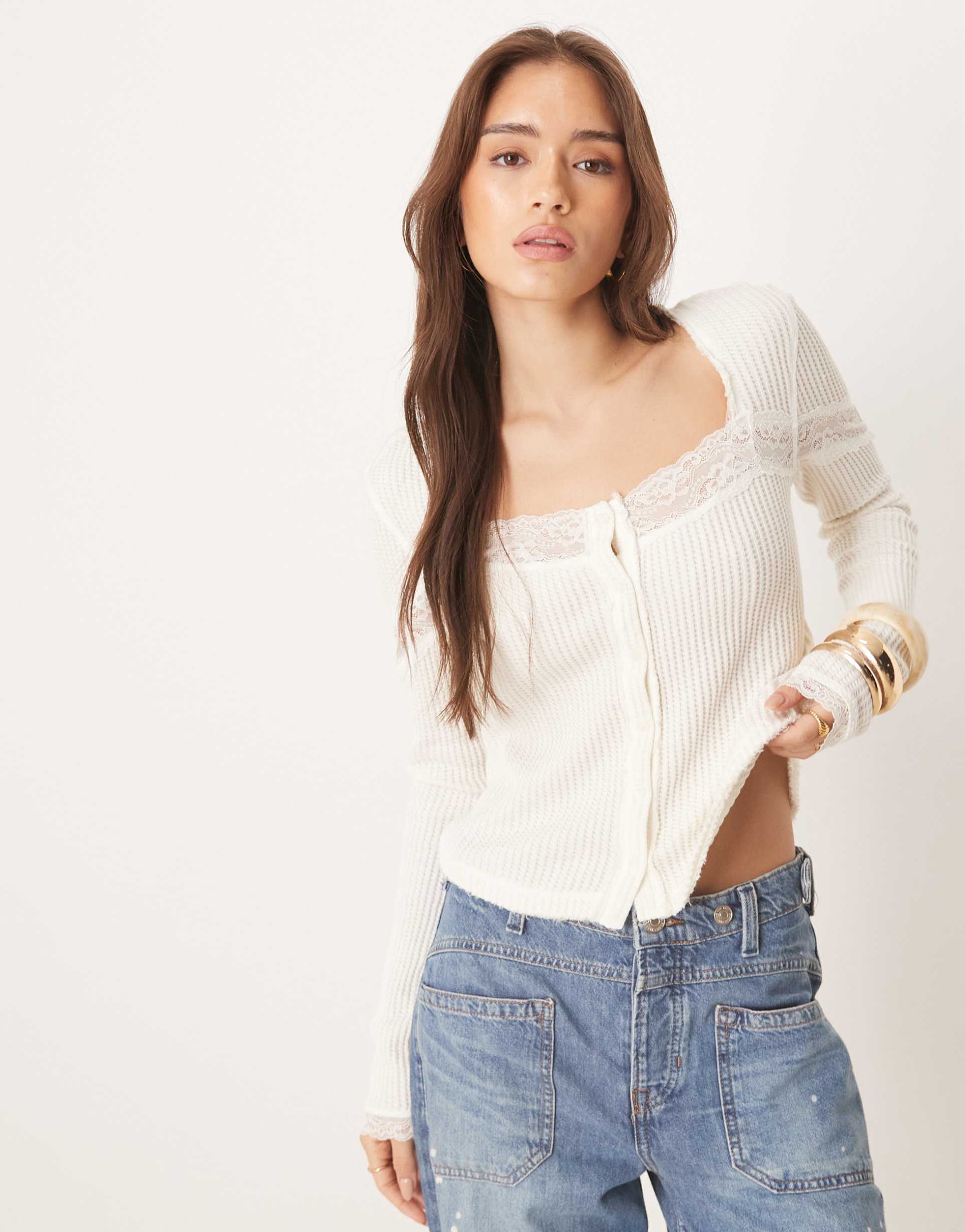 free people let's party lace insert cardigan in ivory
