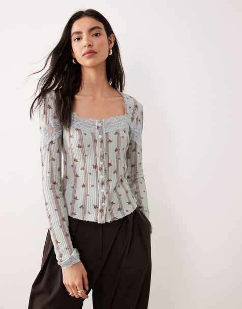 Free People – Let's Party – Ljusblå, blommig topp med knappar - view 1