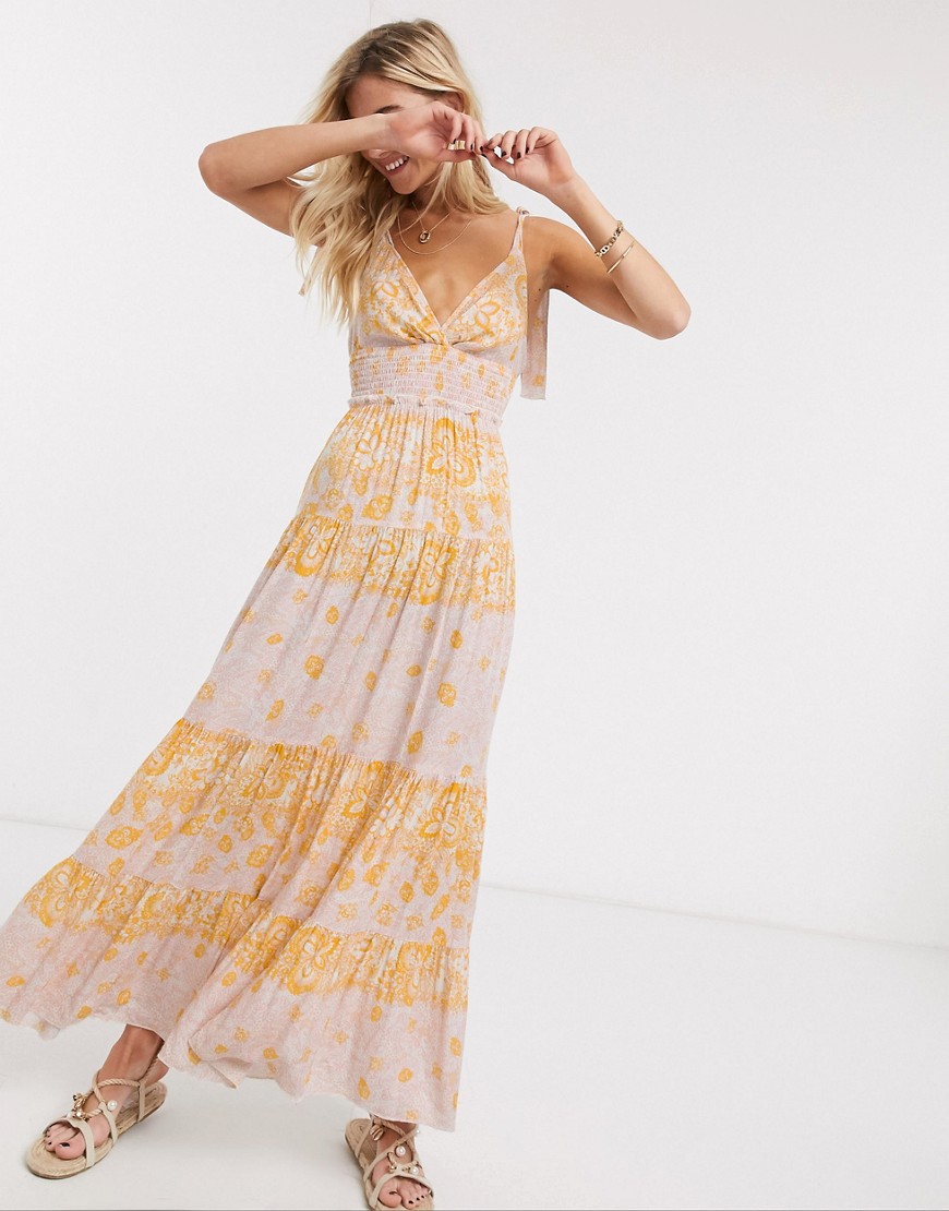 FREE PEOPLE LET'S SMOCK ABOUT IT PRINTED MAXI DRESS-PINK,OB1103132
