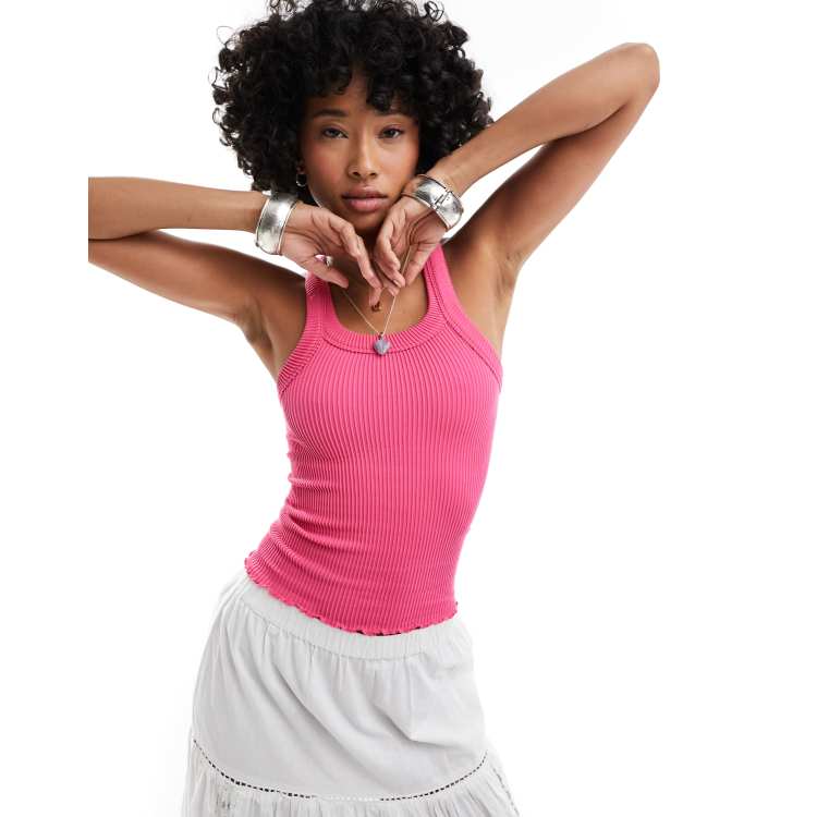 Free People lettuce edge ribbed cami tank top in raspberry pink | ASOS