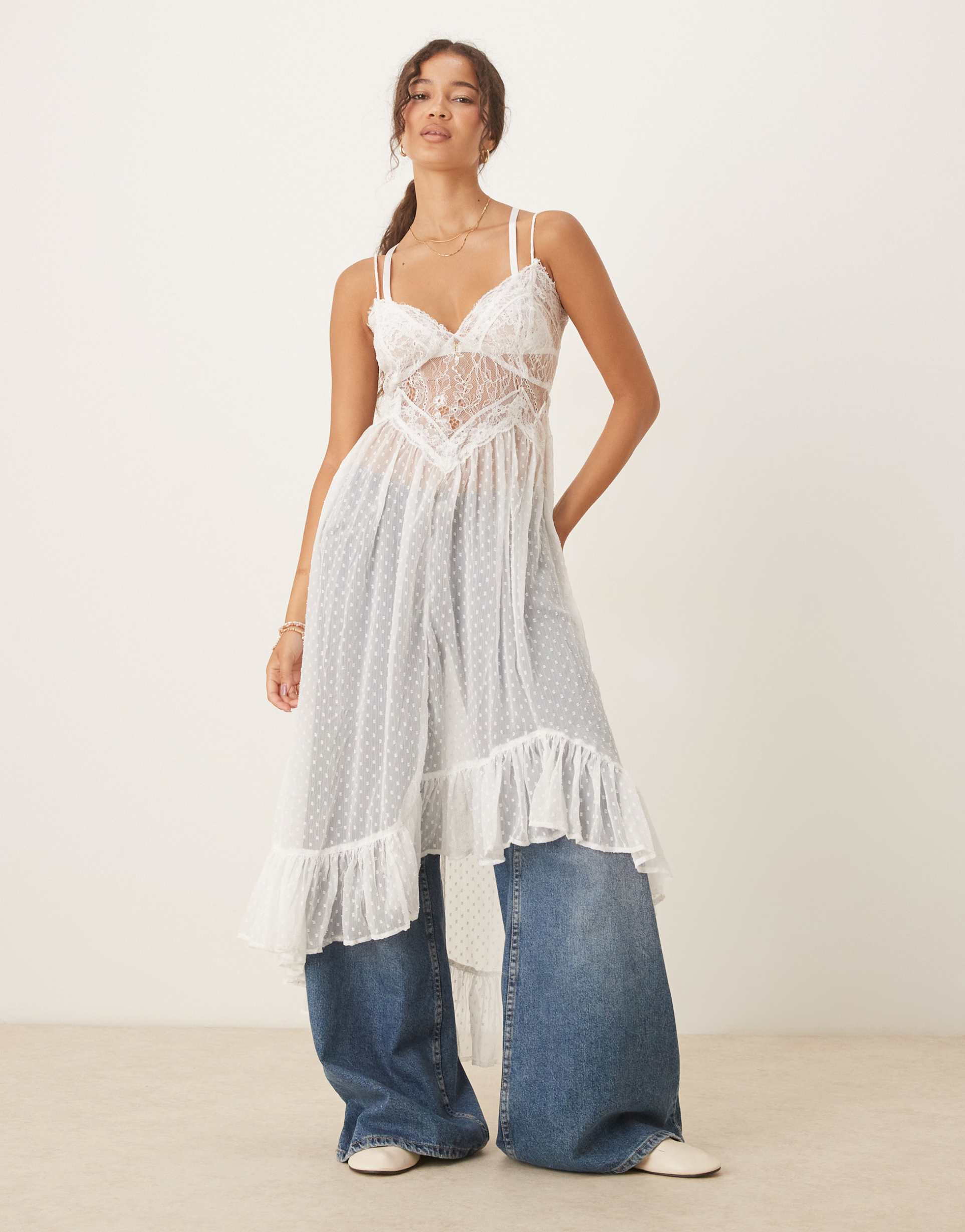 free people light my fire sheer lace midaxi dress in clean ivory